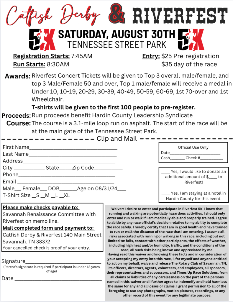 Sign-up Form for Catfish Derby & Riverfest 5K Run - August 30, 2025